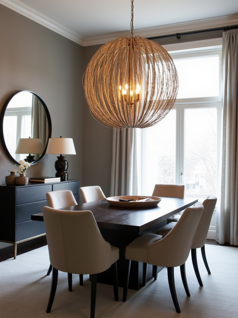 Modern dining room with sculptural chandelier over dining table