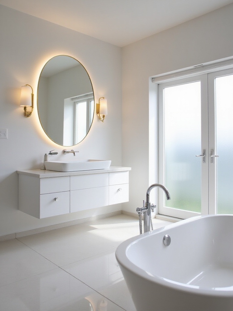 Modern bathroom with brass sconces and LED vanity lighting.
