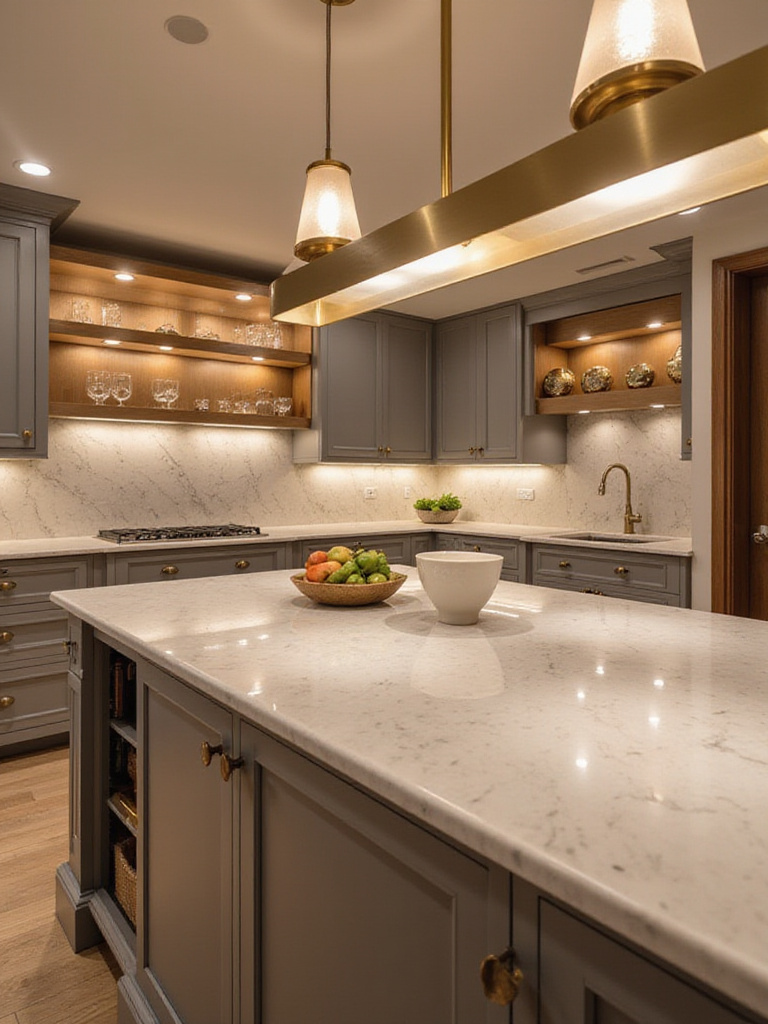 Modern luxury kitchen with statement linear suspension lighting above a marble island