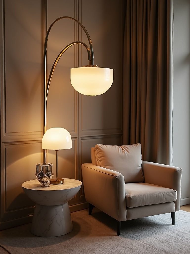 Luxurious living room with statement sculptural floor and table lamps as art pieces.