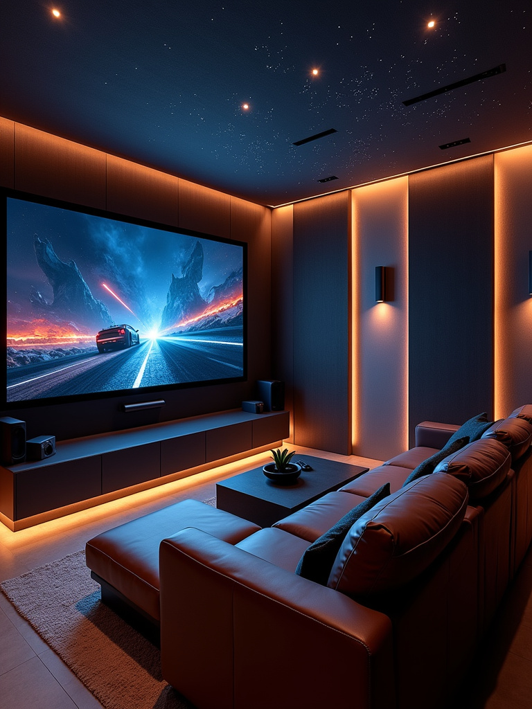 Luxurious living room transformed into a high-end home theater with OLED screen and surround sound.