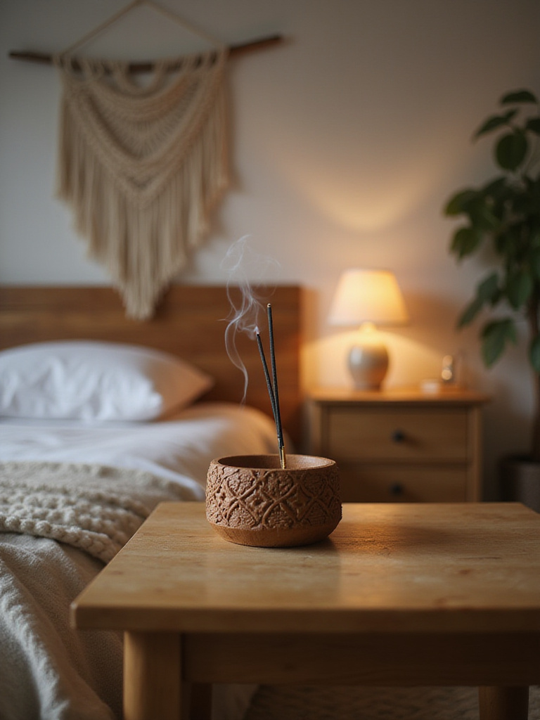 Boho bedroom nightstand with wooden incense holder and burning incense.