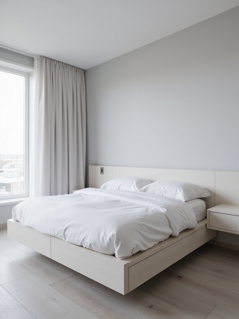 Minimalist bedroom featuring a platform bed with hidden storage drawers.