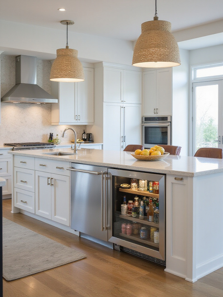 Modern kitchen island with built-in beverage fridge