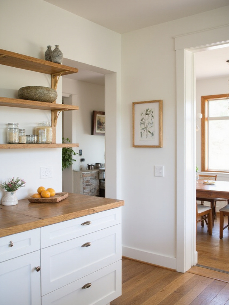 Modern kitchen design with natural wood accents, including a butcher block island and open shelving.