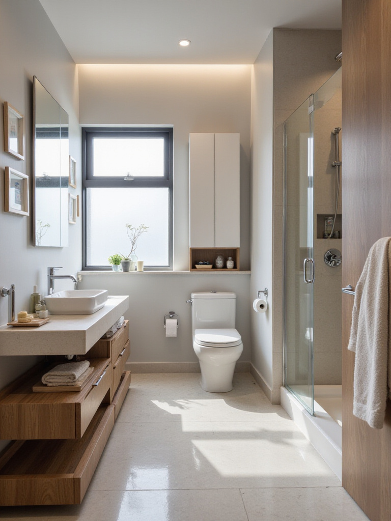 Modern bathroom interior showcasing smart storage solutions including a floating vanity, over-toilet cabinet, and recessed shower niche.