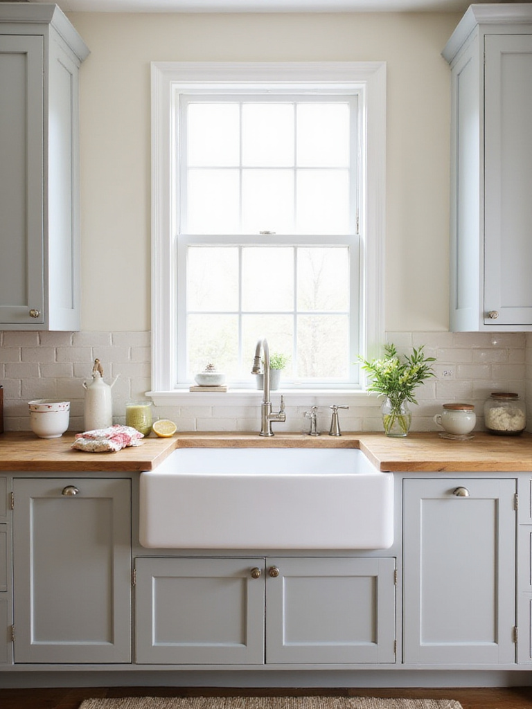 Traditional kitchen with white fireclay farmhouse sink and shaker cabinets.