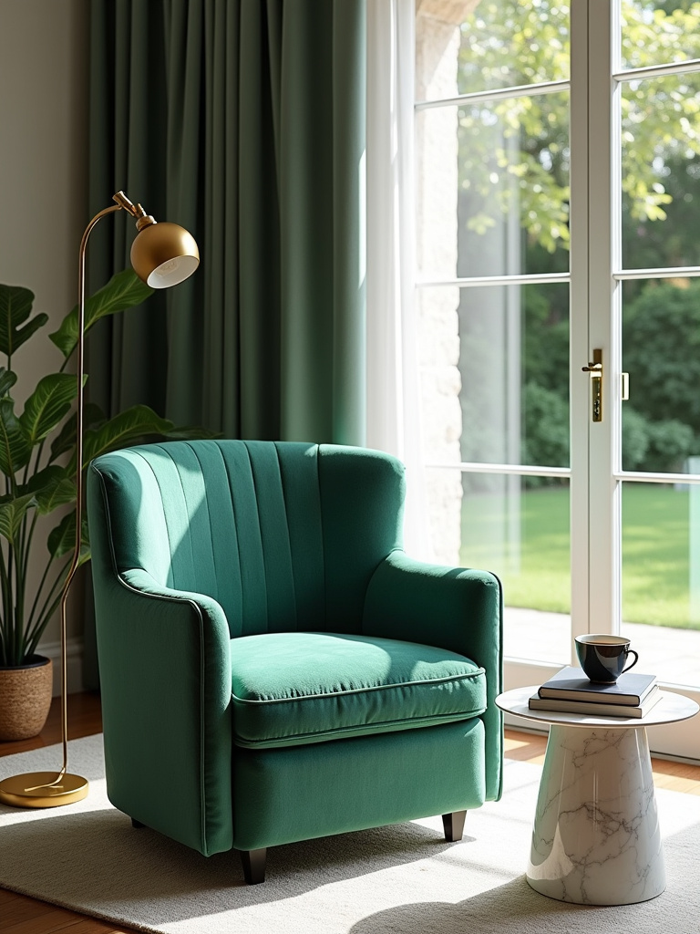 Luxurious living room featuring a designer velvet armchair for ultimate comfort and style.