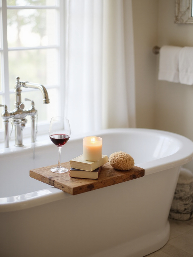 Rustic wooden bath caddy on a white bathtub holding candles, books, and wine, creating a relaxing spa atmosphere.