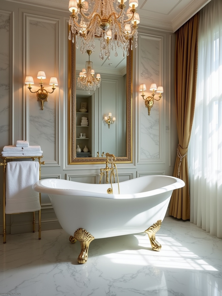 Glamorous bathroom design with marble, chandelier, and gold accents.