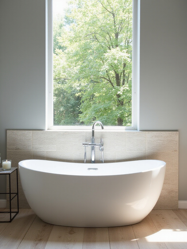 Modern bathroom with a white freestanding tub in front of a large window.