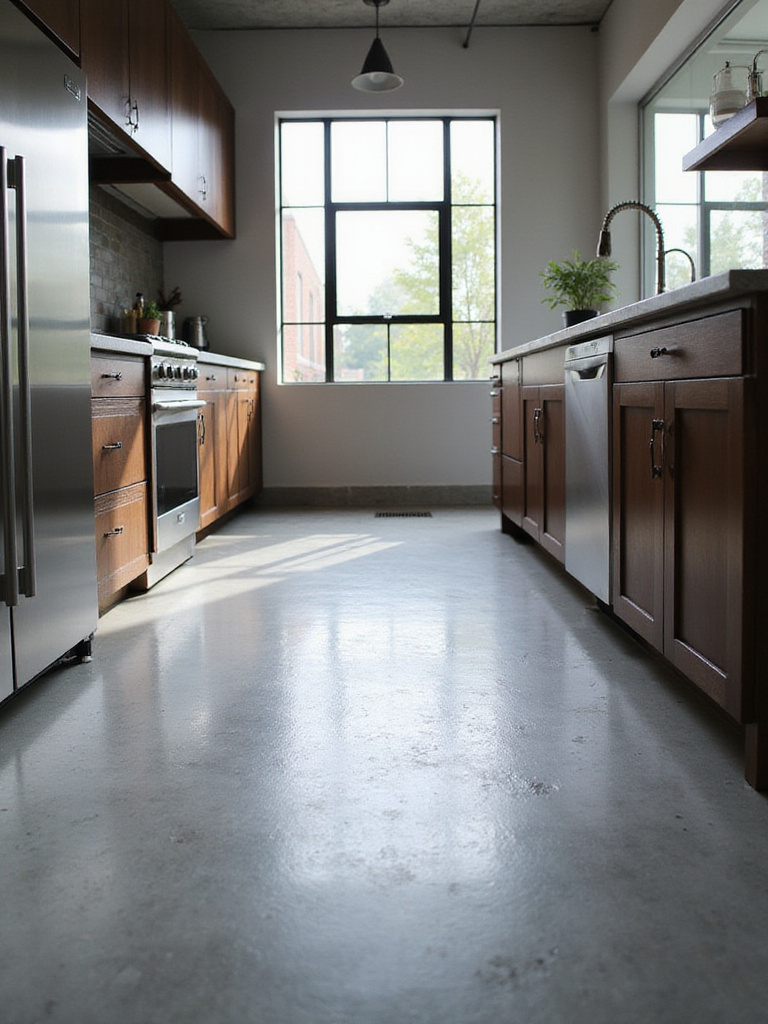 Contemporary kitchen with industrial chic concrete flooring.
