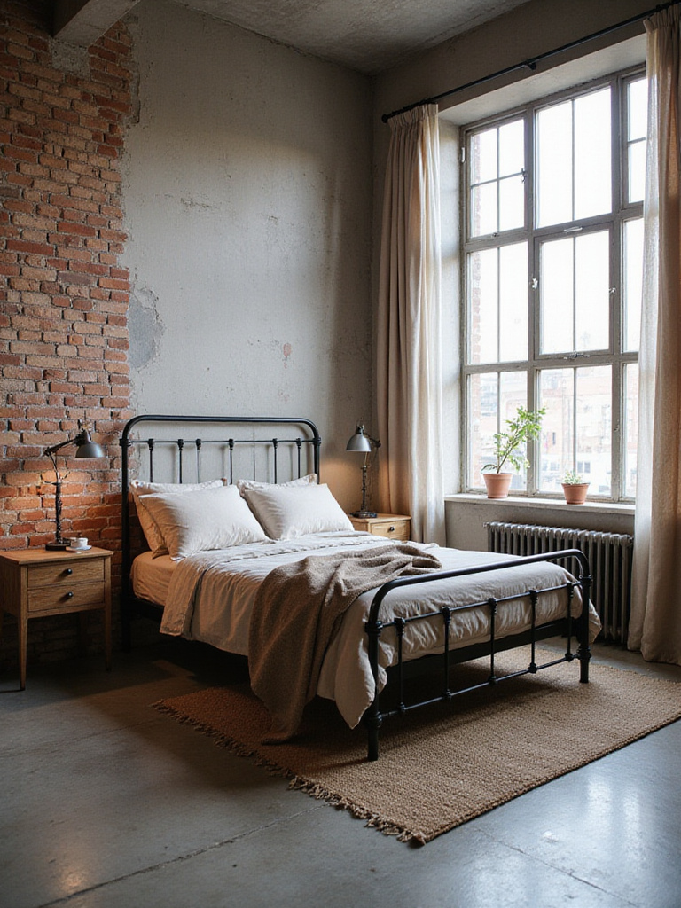 Industrial chic bedroom with exposed brick, metal bed frame, and reclaimed wood furniture.