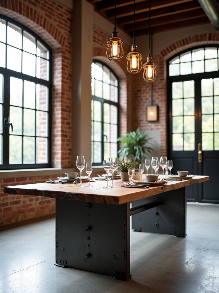 Industrial dining table with metal base and reclaimed wood top in a modern dining room.