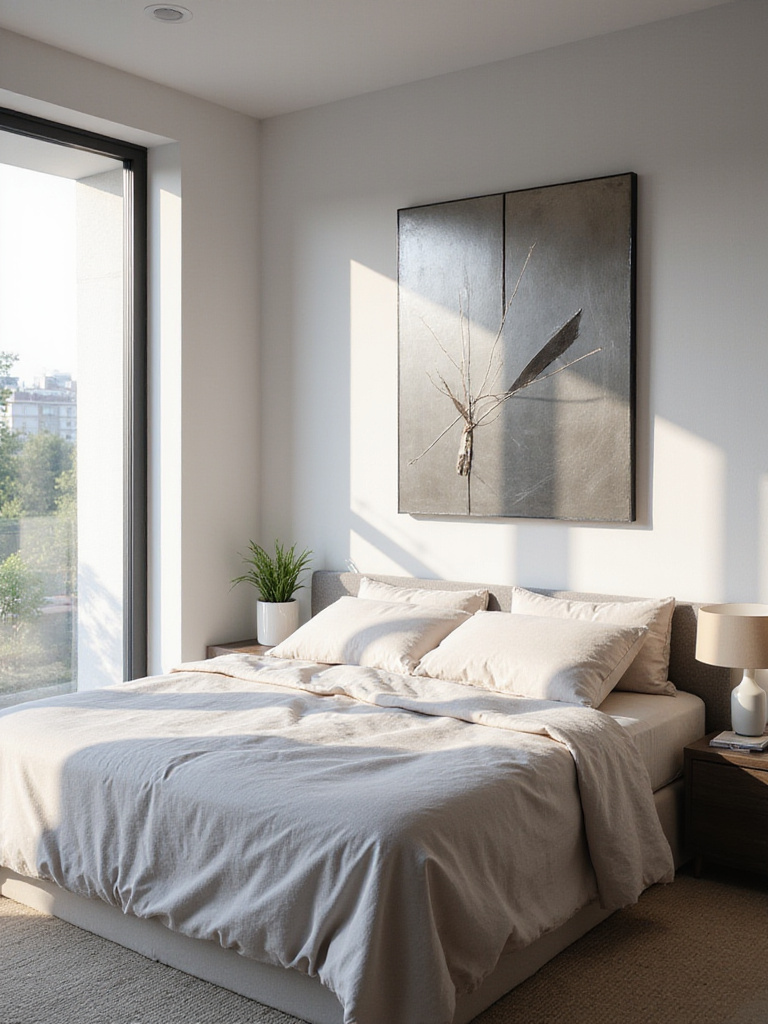 Modern bedroom with sleek brushed steel geometric metal wall art above bed