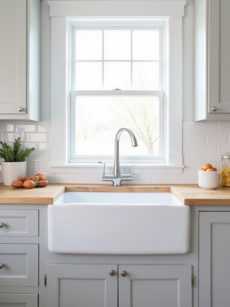 White fireclay apron-front sink in a farmhouse kitchen with butcher block countertops and shaker cabinets.