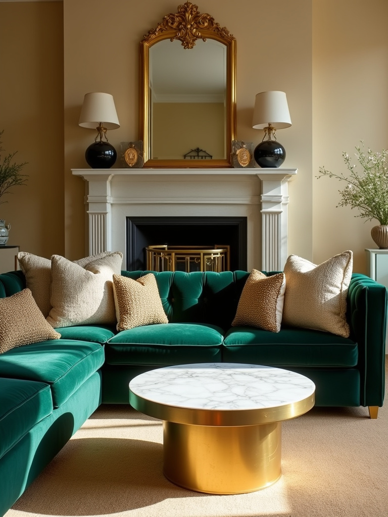 Luxurious living room with gold and brass accents, including a brass coffee table, gold-framed mirror, and gold-threaded throw pillows.