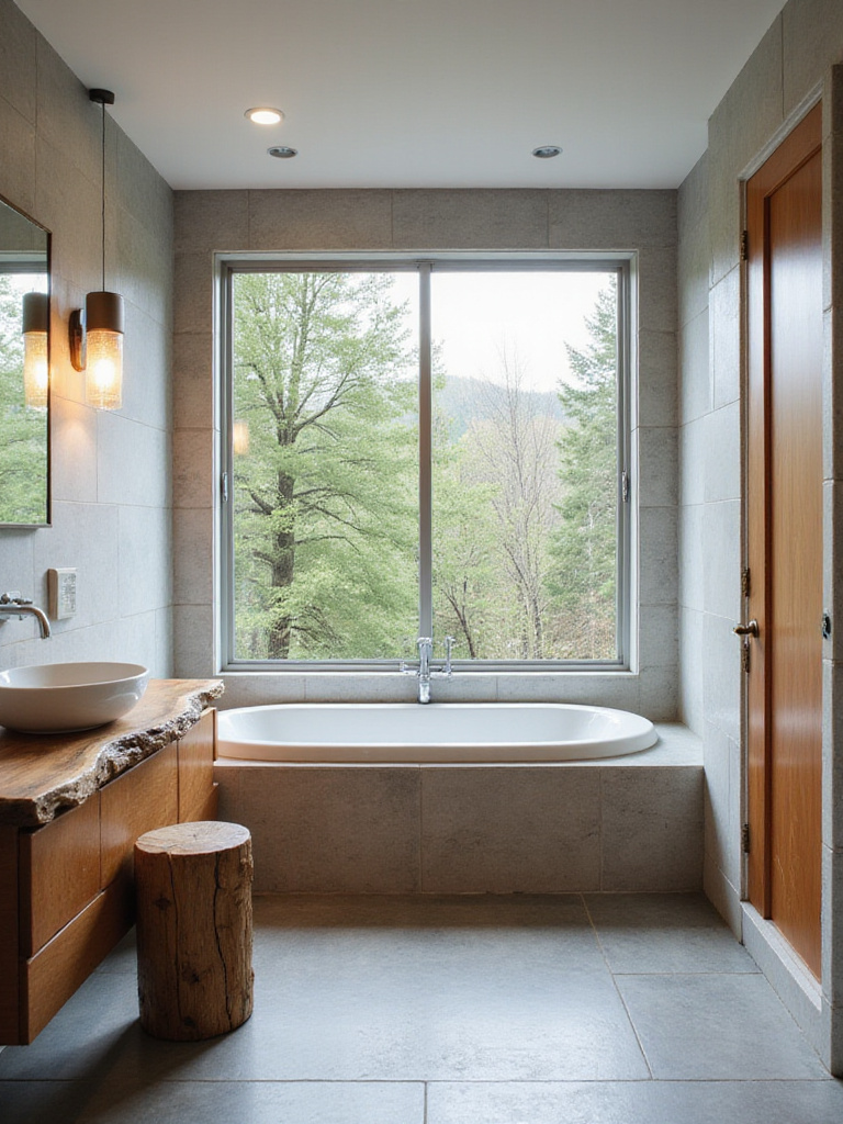 Rustic bathroom design with wood vanity and stone walls