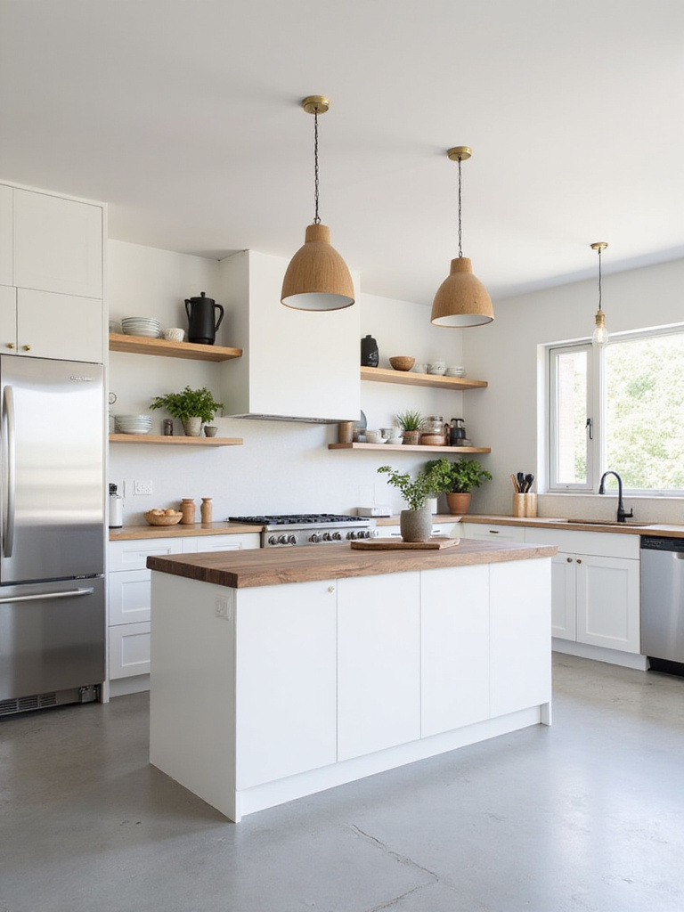 Modern kitchen interior featuring white cabinets, stainless steel appliances, and a walnut butcher block island with oak wood open shelving.