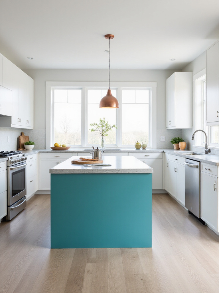 Modern kitchen with white cabinets and a bold teal kitchen island.