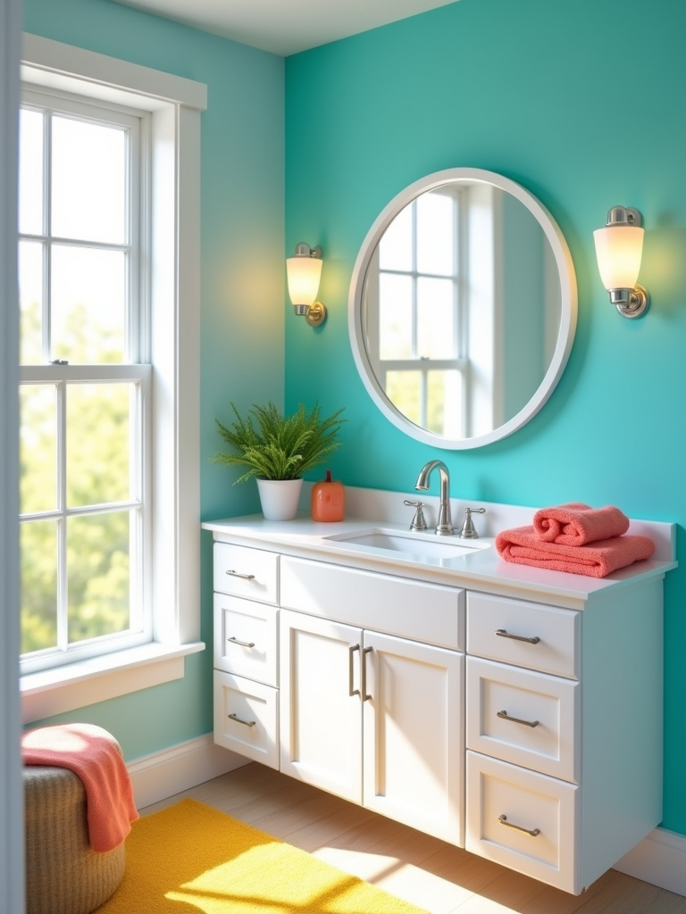 Colorful bathroom decor with turquoise backsplash, yellow bath mat, and coral towels.