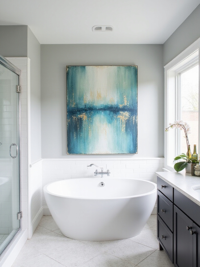 Modern bathroom with abstract art and decorative accents