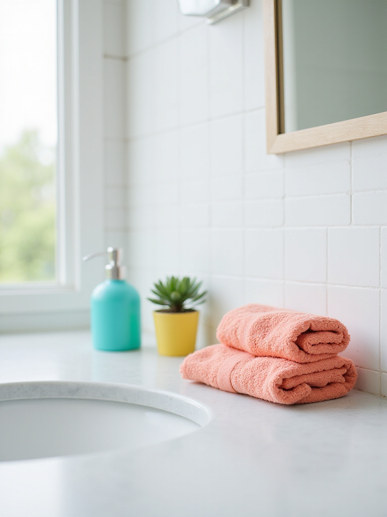 Bathroom vanity with white countertop and turquoise, coral, and yellow accessories.