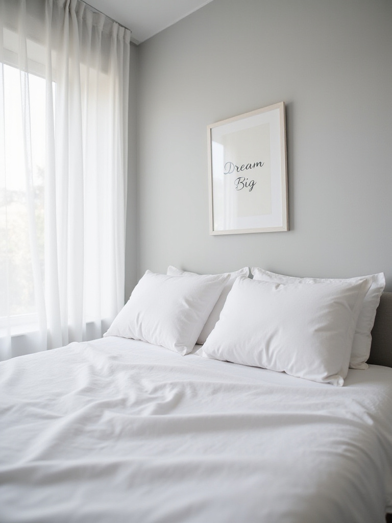 Minimalist bedroom with uplifting 'Dream Big' quote print above the bed.