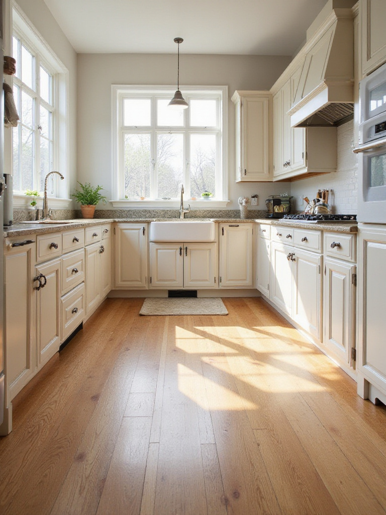 Traditional kitchen with light oak hardwood flooring, farmhouse sink, and classic cabinetry.
