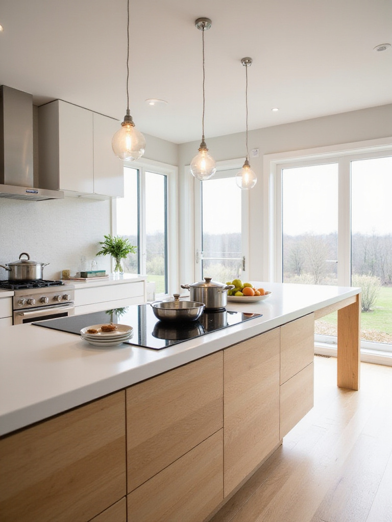 Modern kitchen island with induction cooktop and downdraft ventilation.
