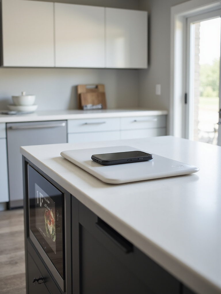 Modern kitchen island with integrated wireless charging pad and smart display showing a recipe.