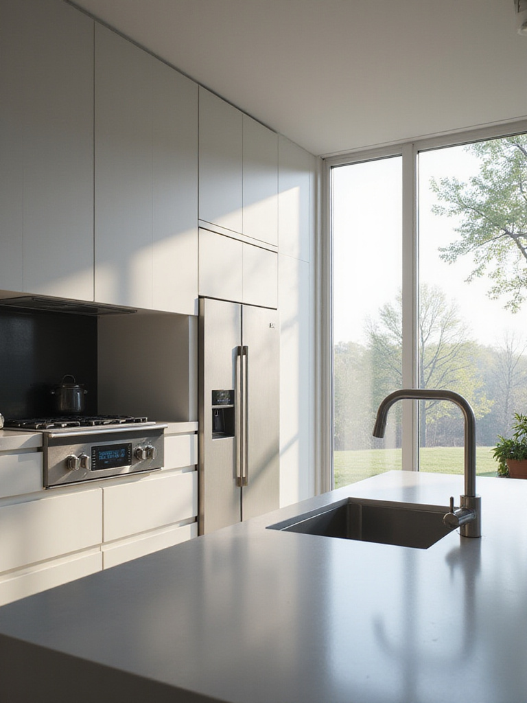 Modern kitchen featuring smart technology, including a touchscreen backsplash and smart refrigerator.