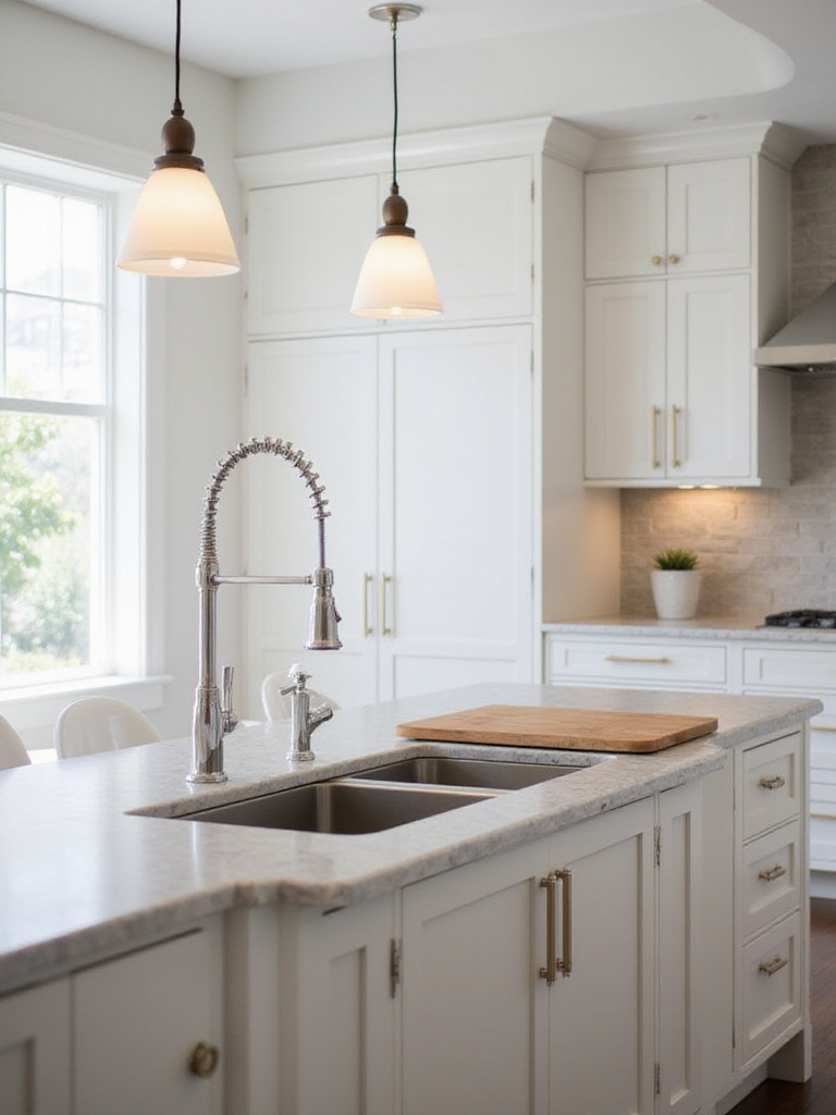 Modern kitchen island with stainless steel prep sink and chrome faucet.