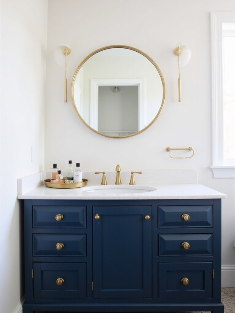 Bathroom vanity with gold accents, including a gold-framed mirror and gold hardware.