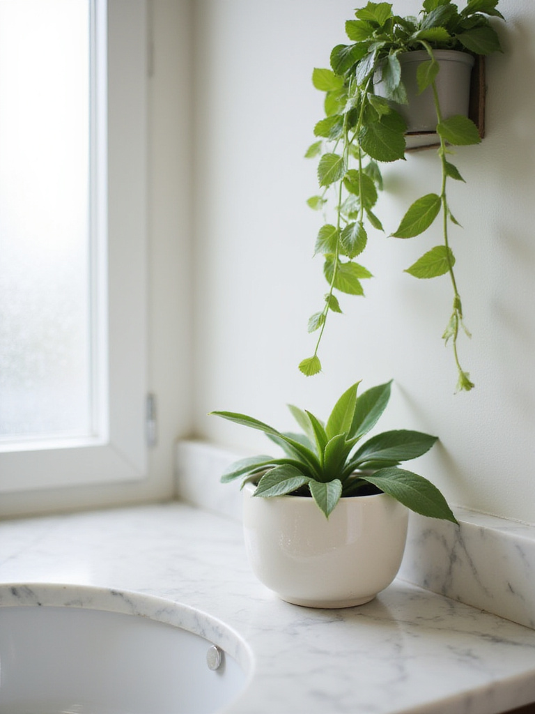 Bathroom vanity decorated with a snake plant and trailing pothos for a natural and calming aesthetic.