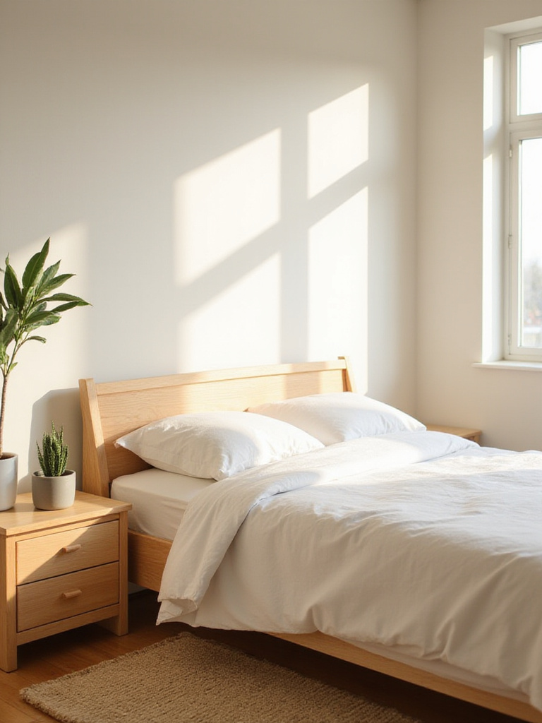 Minimalist bedroom with light wood bed frame and snake plant on bedside table