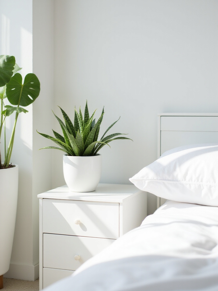 White bedroom with white plant pots and greenery, including a snake plant on the nightstand and a fiddle leaf fig in the corner.