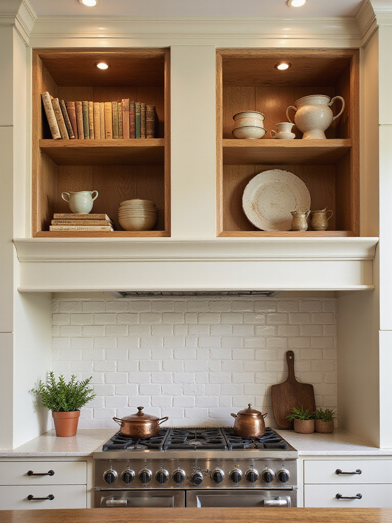 Traditional kitchen with open shelving displaying cookbooks, vintage dishes, and copper cookware.
