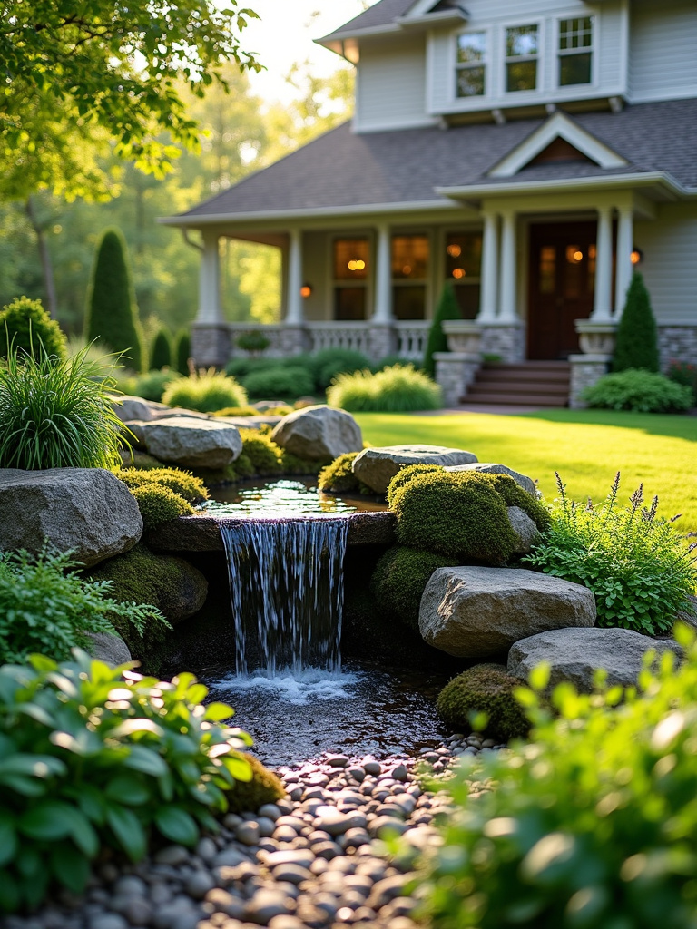 Calming pondless waterfall in front yard, enhancing curb appeal with a serene water feature.