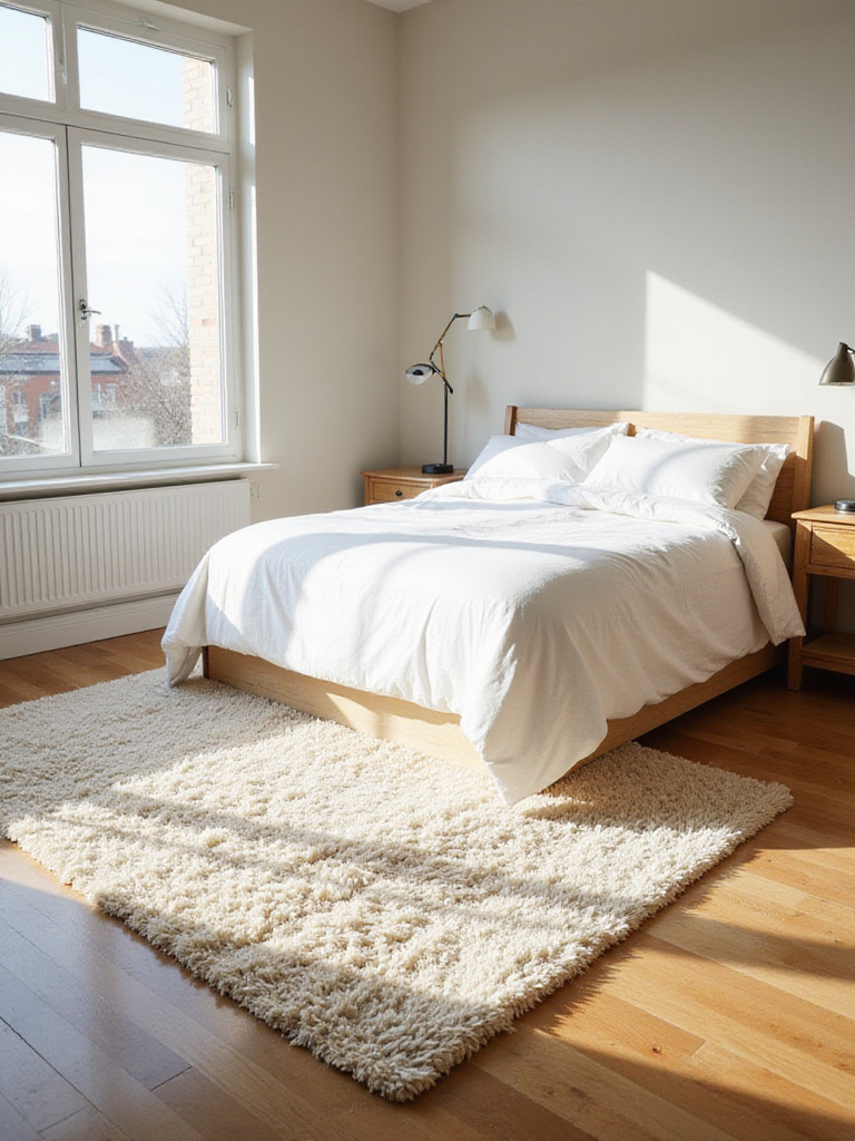 Cozy bedroom with a large ivory shag rug under a king-sized bed, creating a warm and inviting atmosphere.