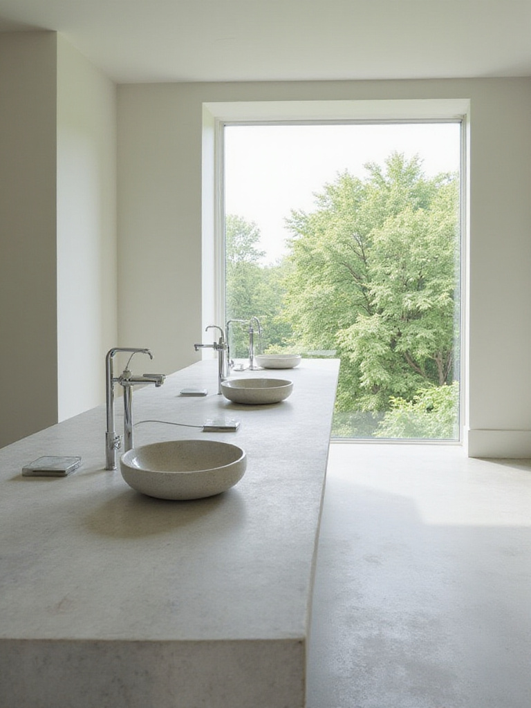 Elegant bathroom featuring a natural stone countertop with integrated marble sinks.