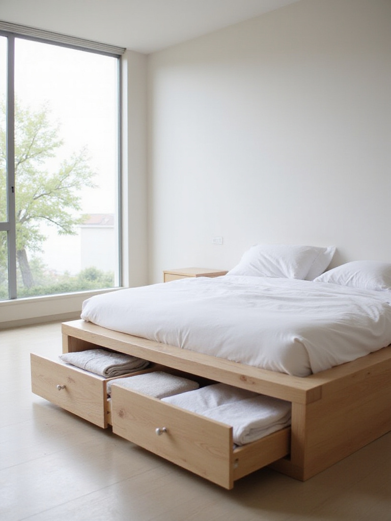 Minimalist bedroom featuring a platform bed with built-in storage drawers.