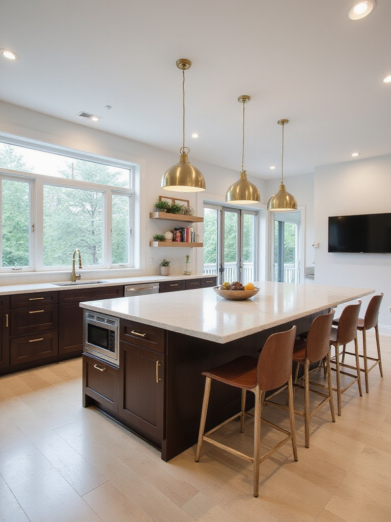 Modern kitchen island with seating, storage, and quartz countertop
