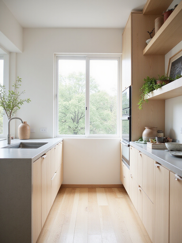 Japandi style kitchen with light wood cabinets and minimalist decor