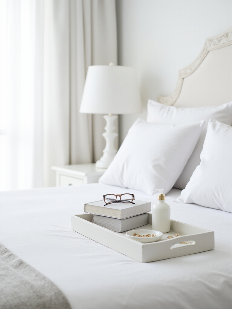 White nightstand with decorative white tray holding books, glasses, jewelry, and lotion.