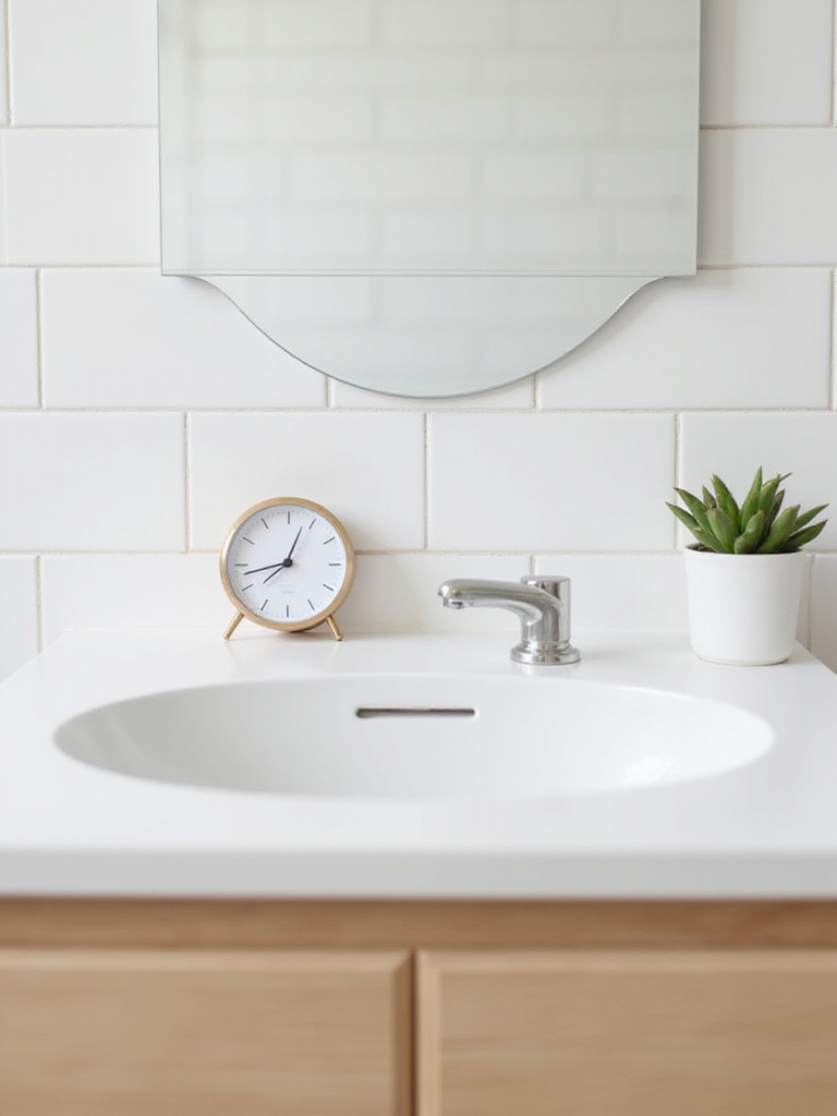 Minimalist clock on a modern bathroom vanity