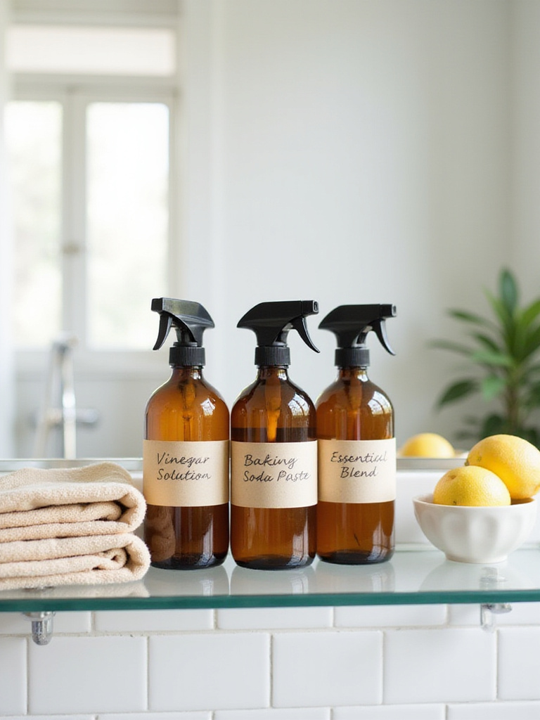 Natural and non-toxic bathroom cleaning supplies on a shelf