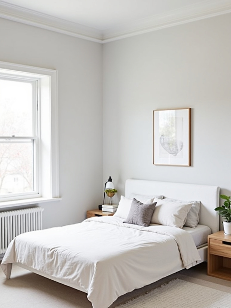 Minimalist small bedroom design with white bed and neutral color palette.