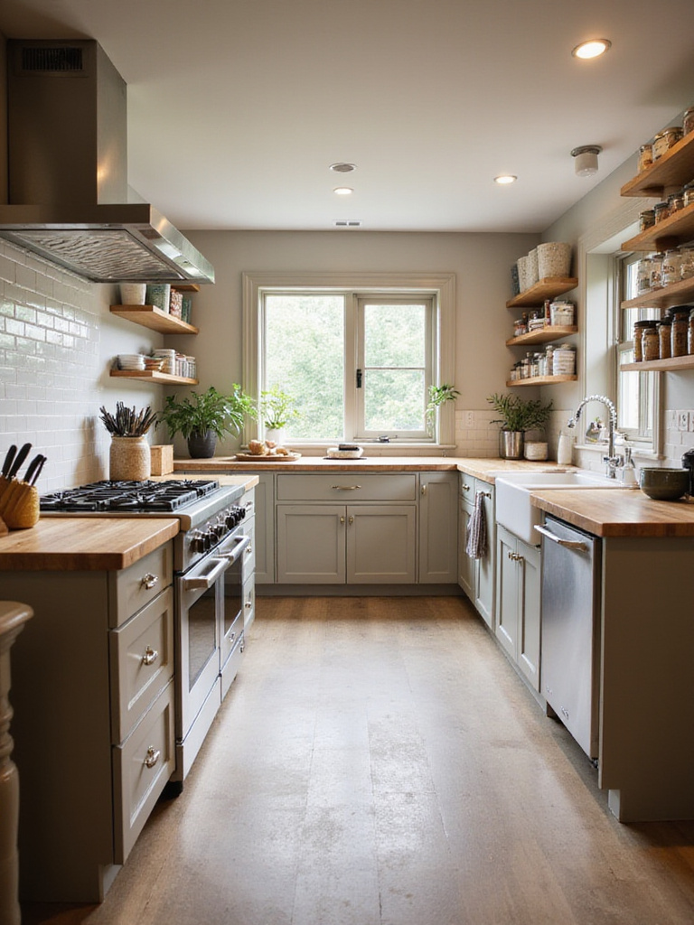 Well-organized modern kitchen showcasing distinct cooking, prep, cleaning, and storage zones for maximum efficiency.