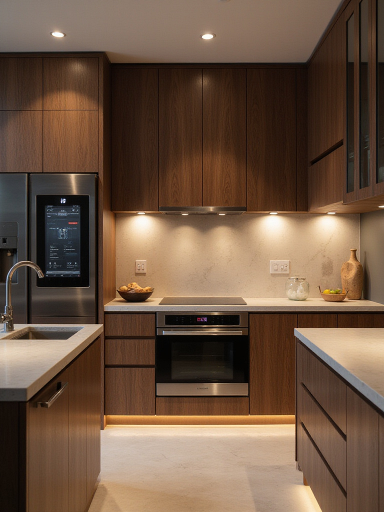 Modern luxury kitchen featuring integrated smart appliances and lighting.